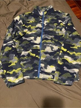 Eddie Bauer Navy, Yellow & White Camouflage Fleece Jacket Large